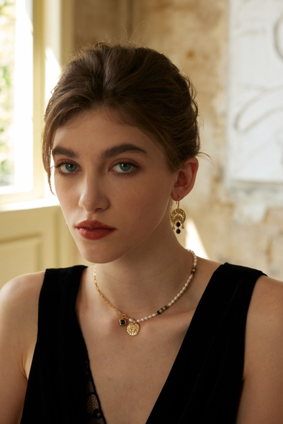 S925 Gold-Plated Natural Pearl & Moss Agate Statement Necklace