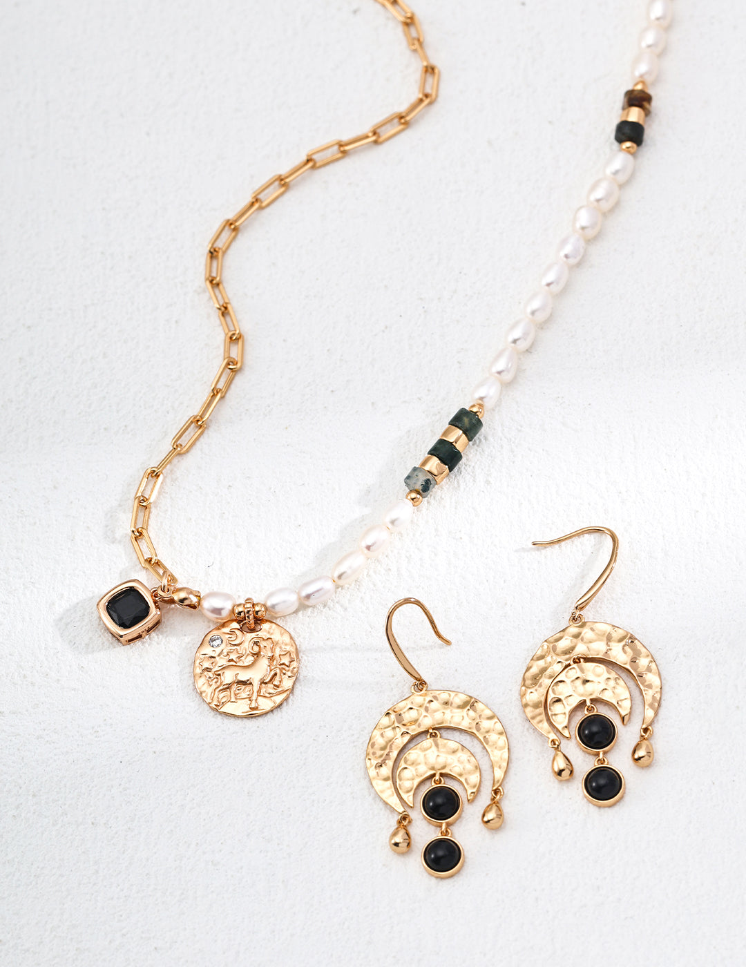 S925 Gold-Plated Natural Pearl & Moss Agate Statement Necklace