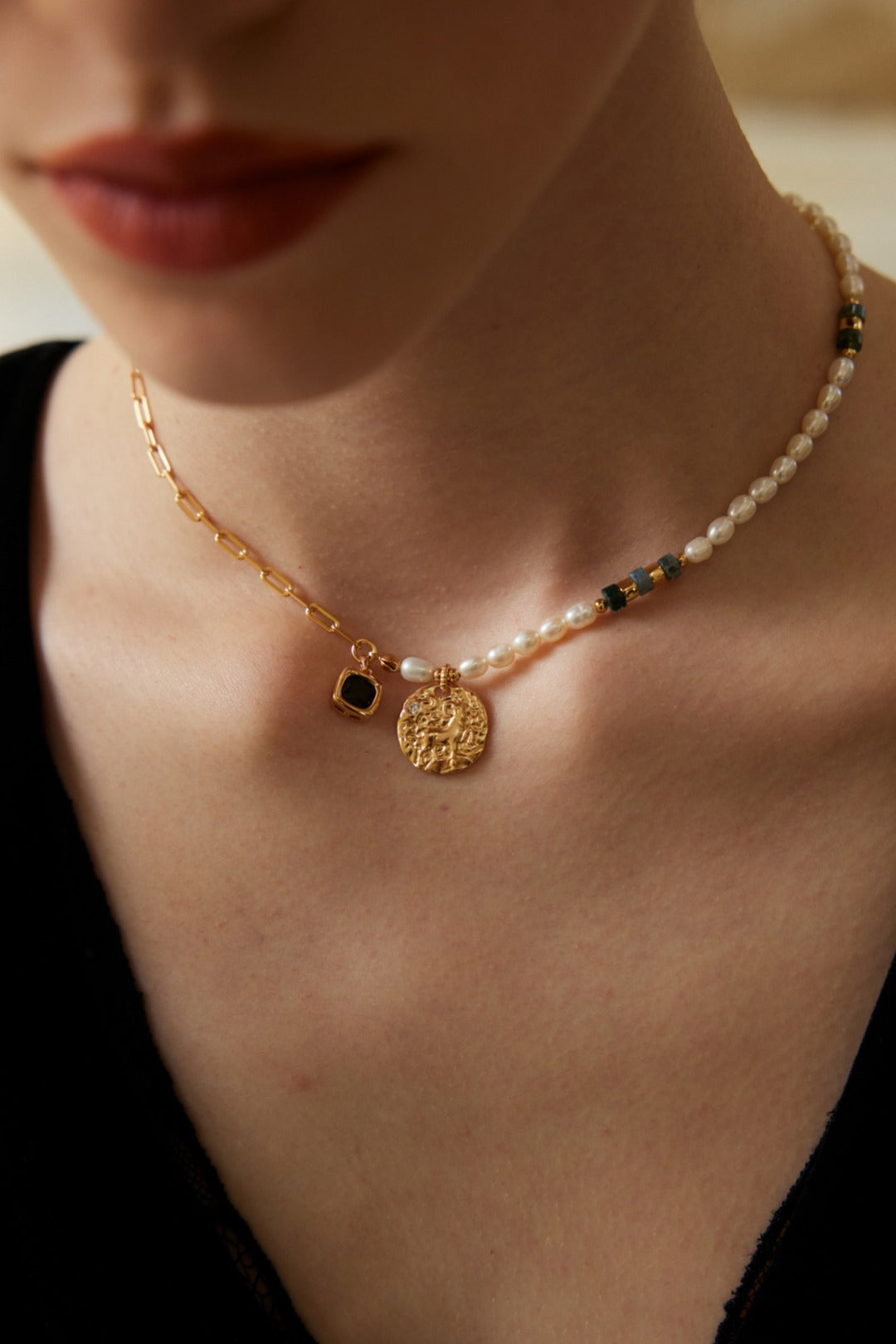 S925 Gold-Plated Natural Pearl & Moss Agate Statement Necklace