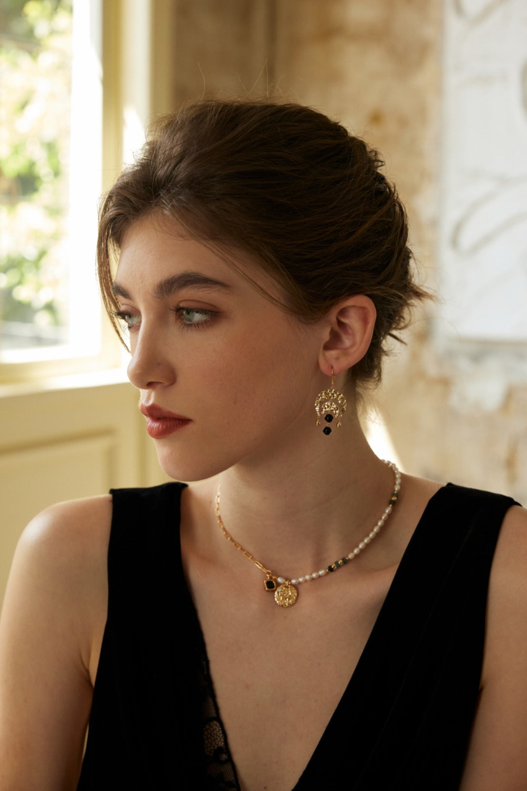 S925 Gold-Plated Natural Pearl & Moss Agate Statement Necklace