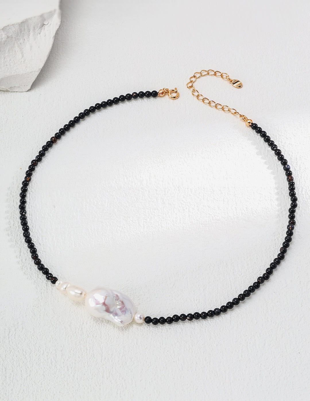 Minimalist Natural Pearl & Black Agate 925 Sterling Silver Necklace