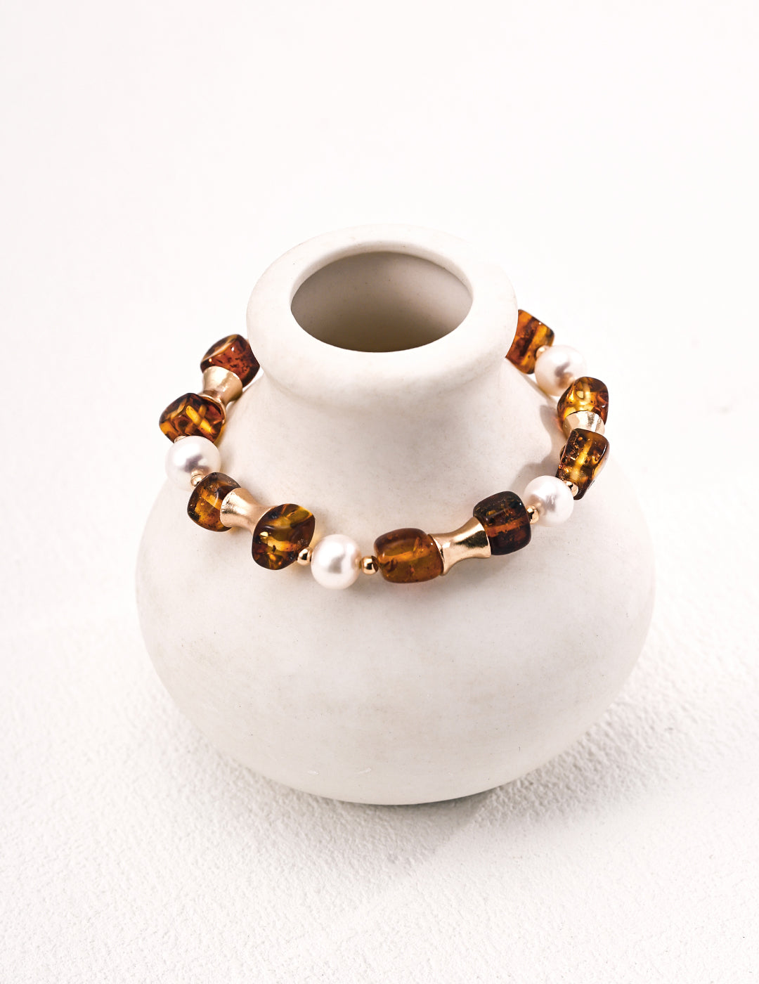 Amber Bloom 925 Sterling Silver Pearl & Resin Jewelry Set (Earrings + Bracelet + Necklace)