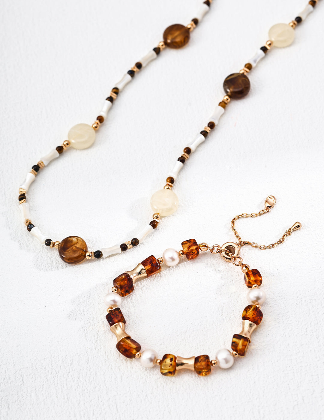 Amber Bloom 925 Sterling Silver Pearl & Resin Jewelry Set (Earrings + Bracelet + Necklace)