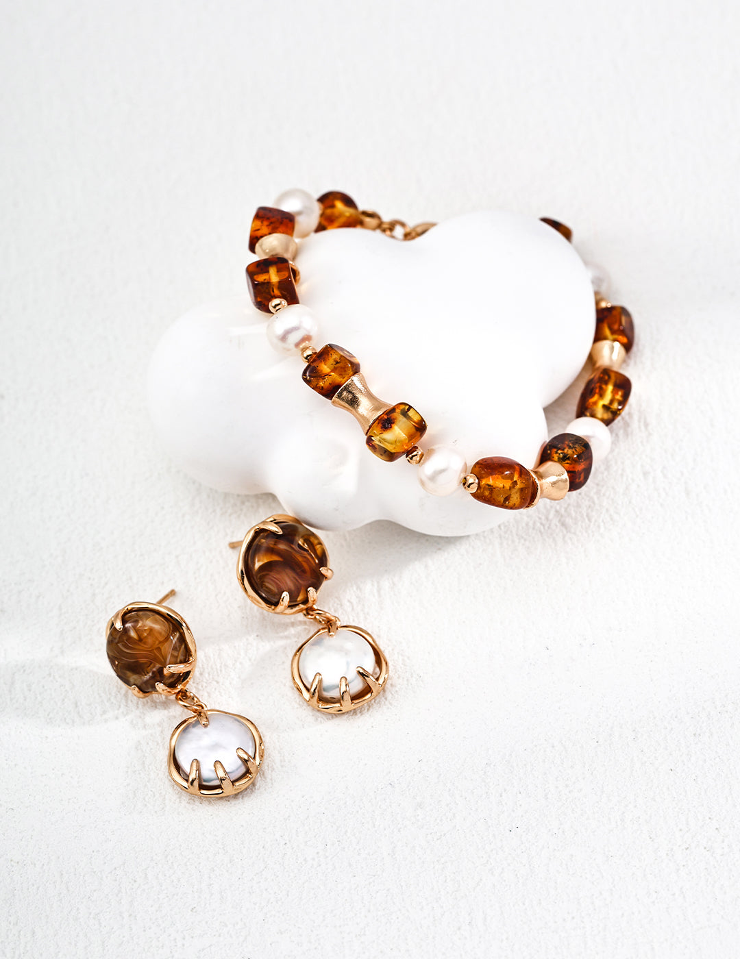 Amber Bloom 925 Sterling Silver Pearl & Resin Jewelry Set (Earrings + Bracelet + Necklace)