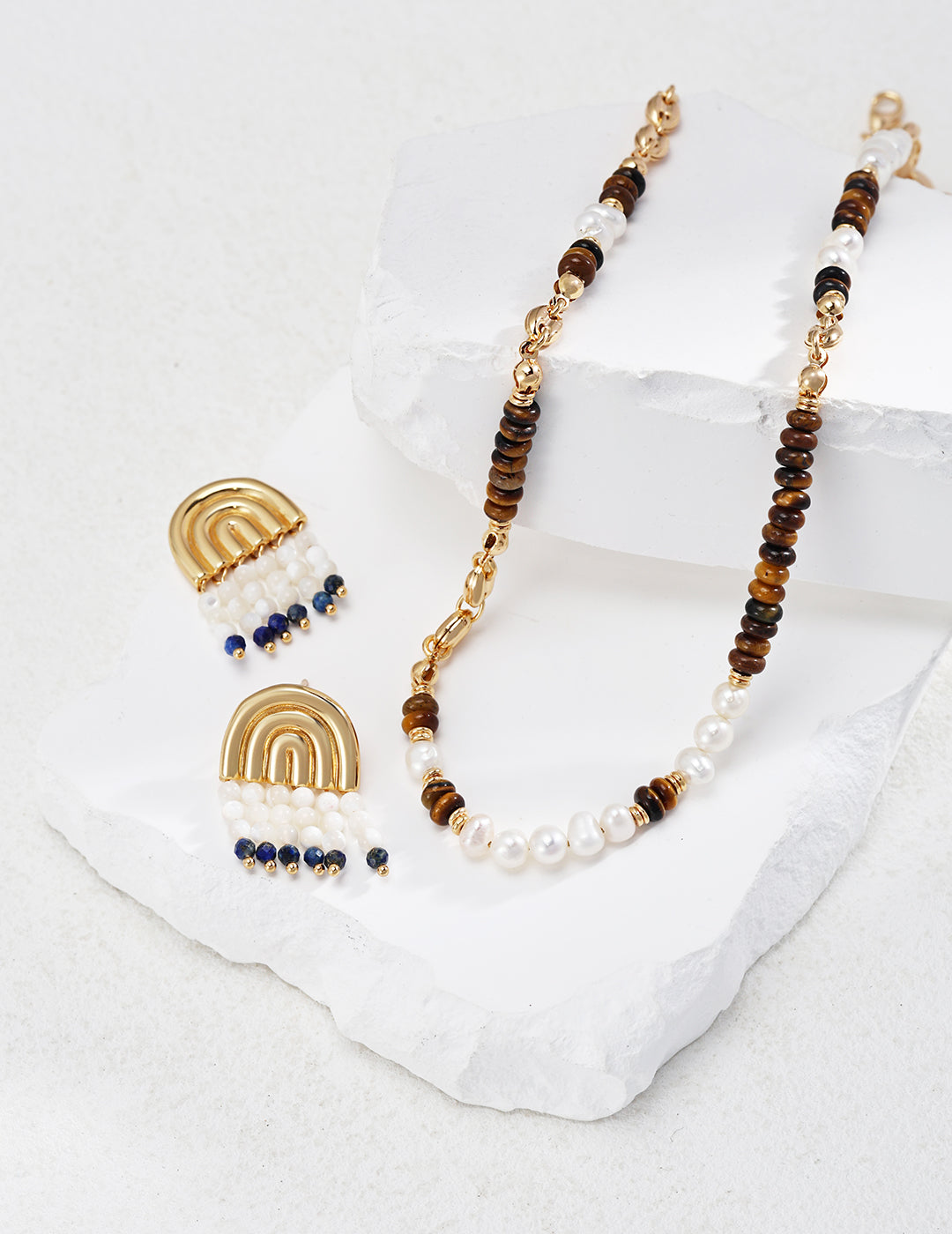 Dunes Dance 925 Silver Earrings – Mother-of-Pearl & Lapis Lazuli Fan Drops