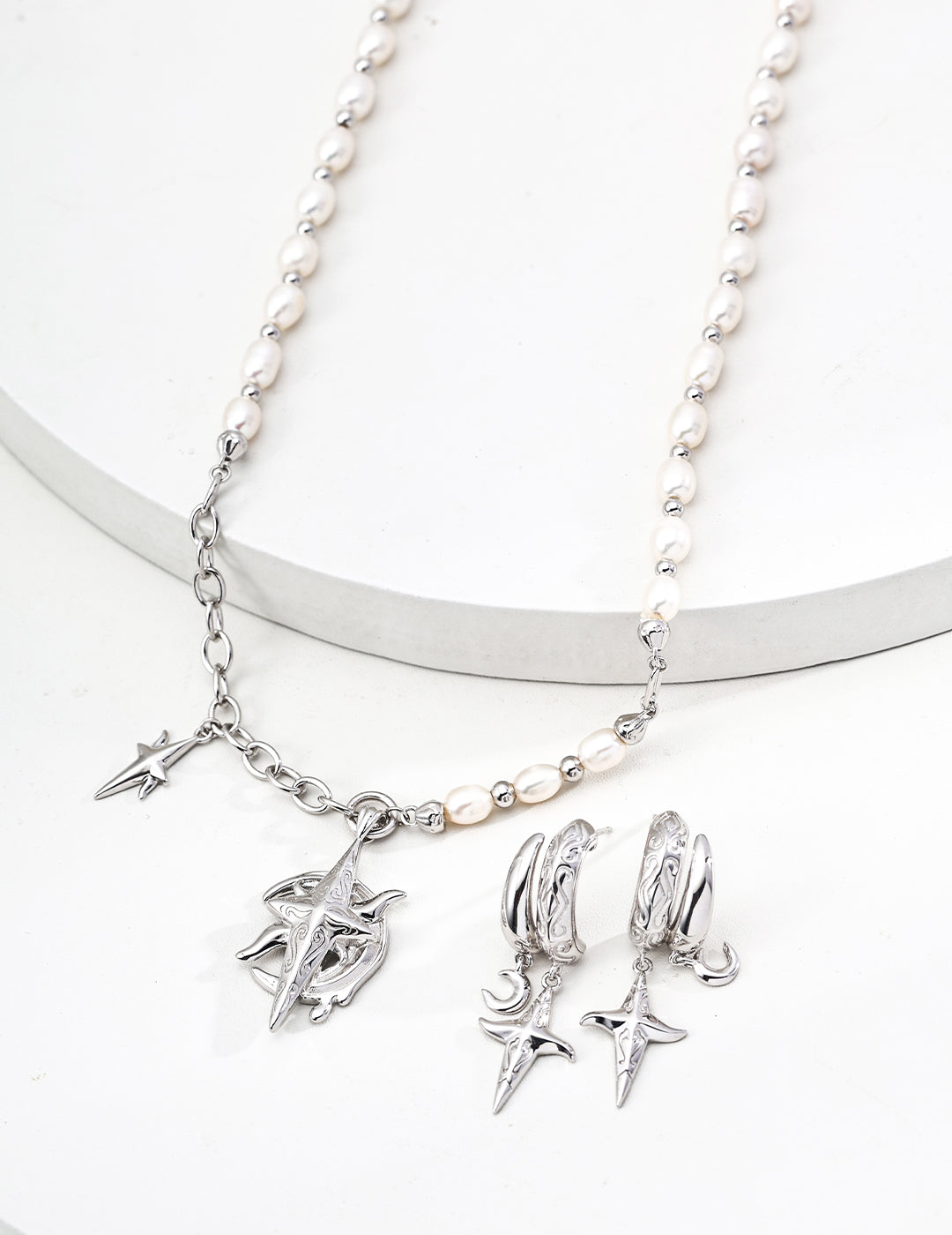 Celestial Prophecy Jewelry Set – 925 Silver Pearl Necklace & Earrings