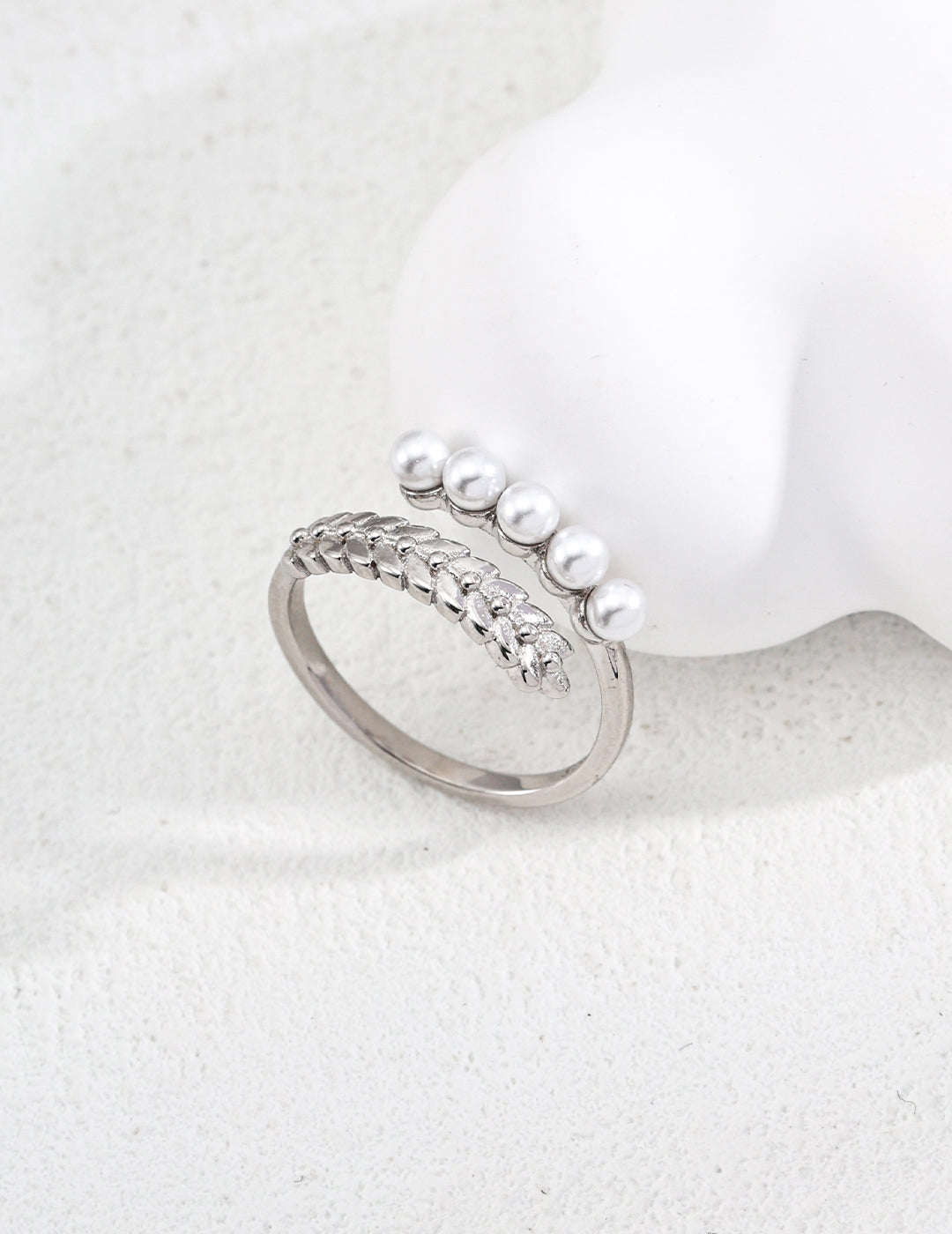 S925 Silver Adjustable Ring with Faux Pearls – Elegant Leaf Design, Open Band for Everyday Chic
