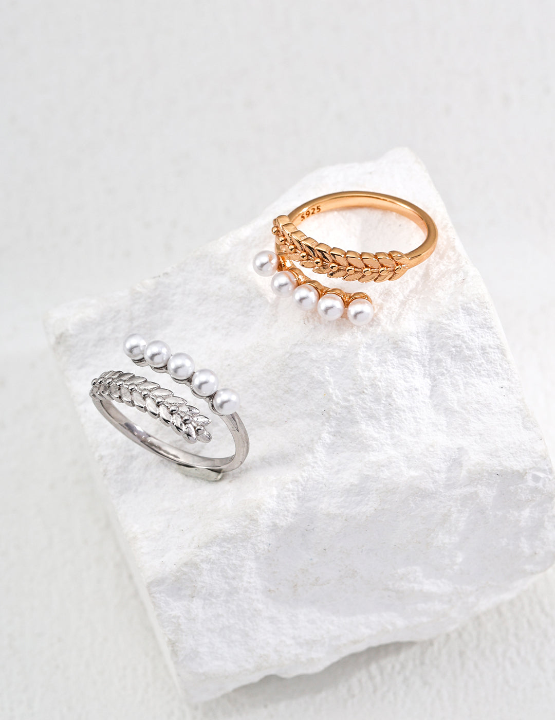 S925 Silver Adjustable Ring with Faux Pearls – Elegant Leaf Design, Open Band for Everyday Chic