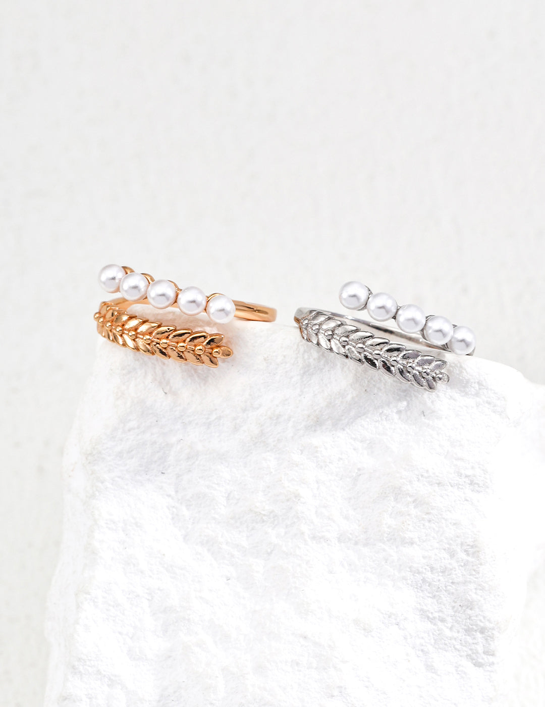 S925 Silver Adjustable Ring with Faux Pearls – Elegant Leaf Design, Open Band for Everyday Chic