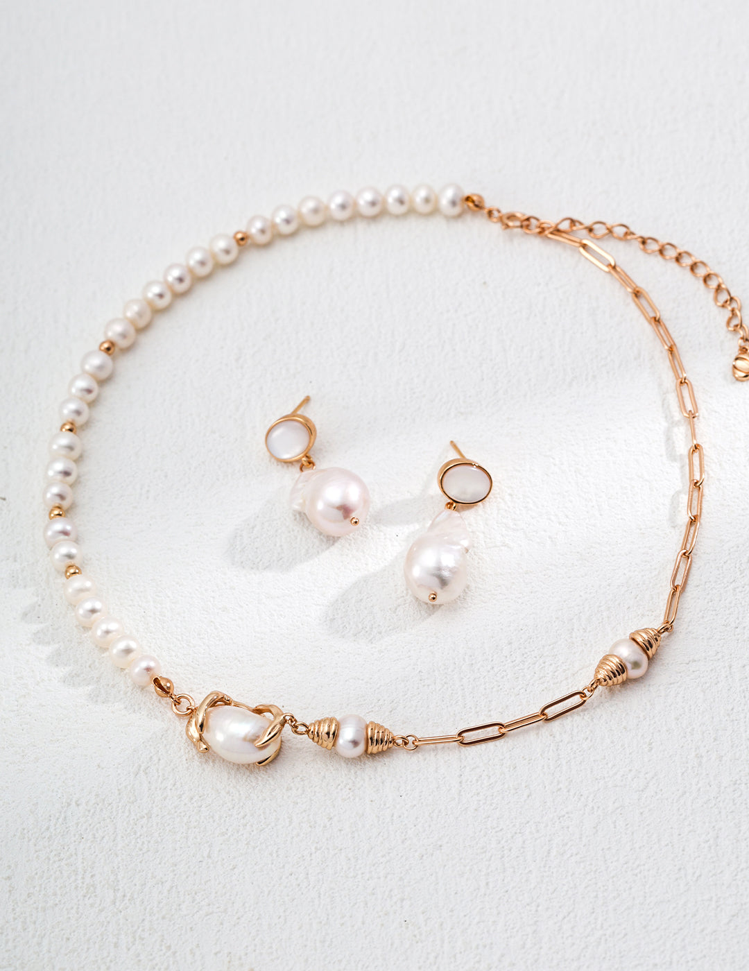 Baroque Pearl Drop Earrings & Pendant Necklace Set | S925 Sterling Silver Minimalist Shell Jewelry