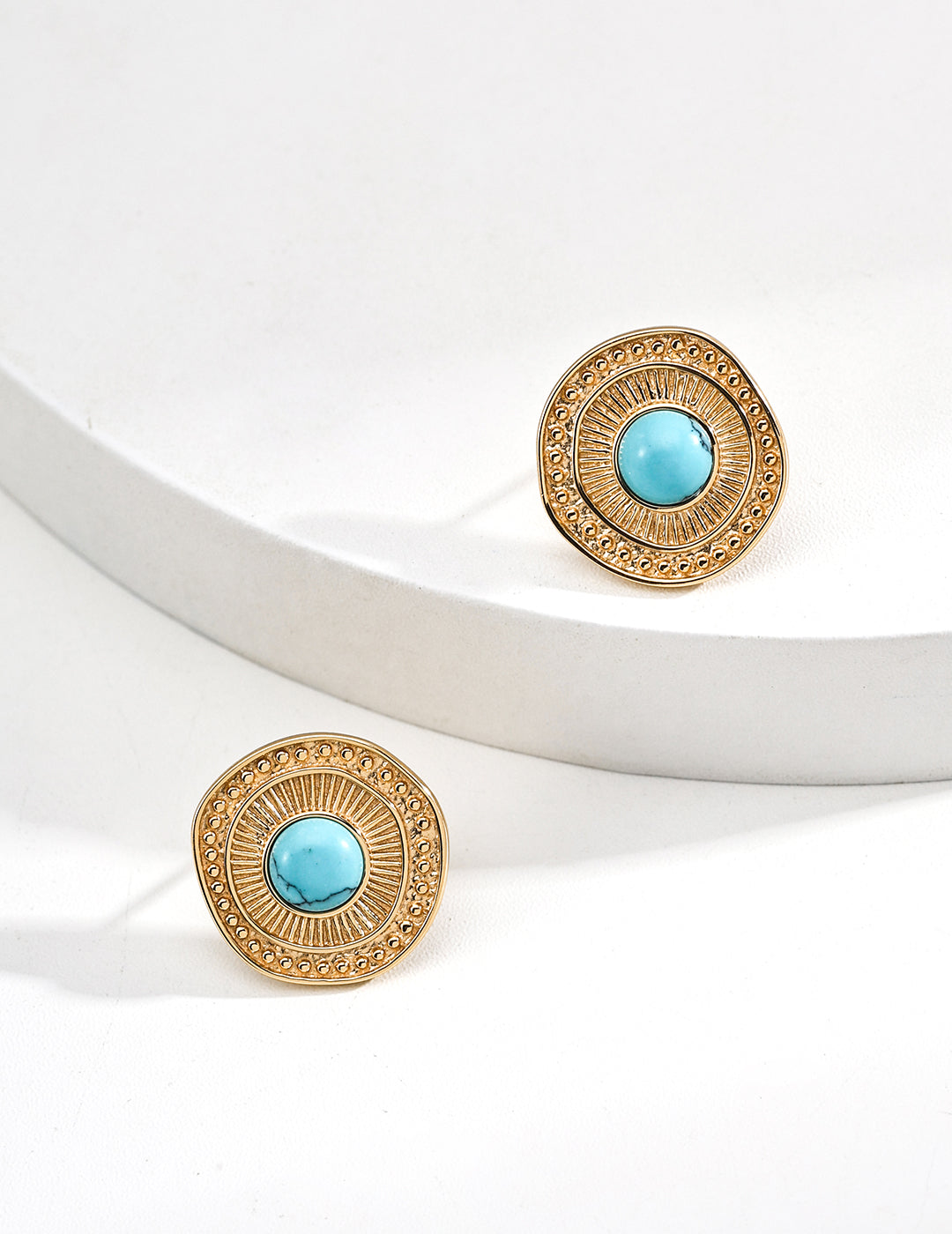 S925 Vintage Gold Plated Turquoise Earrings – Retro Textured Design | Handmade Sterling Silver Studs
