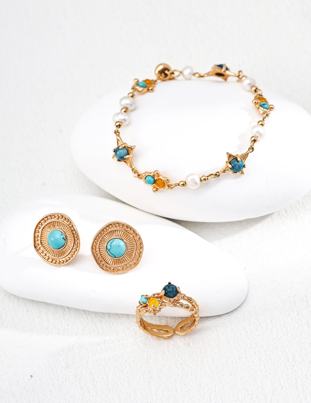 S925 Vintage Gold Plated Turquoise Earrings – Retro Textured Design | Handmade Sterling Silver Studs