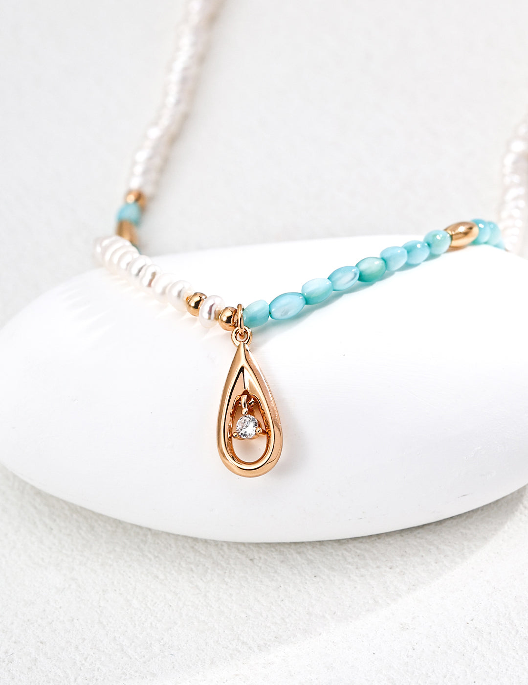S925 Sterling Silver Natural Pearl & Blue Mother-of-Pearl Beaded Necklace – Adjustable Vintage Gold Chain