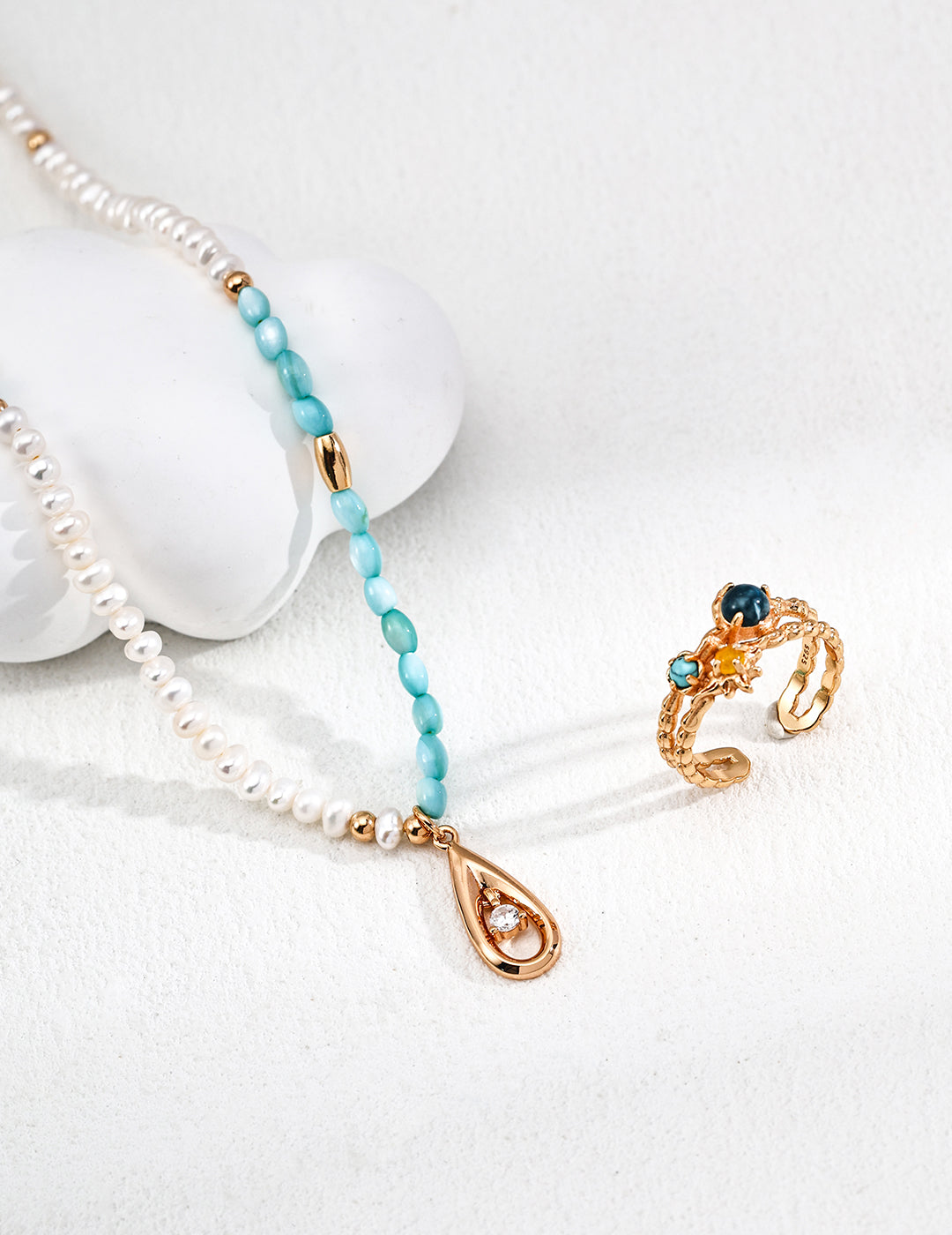 S925 Sterling Silver Natural Pearl & Blue Mother-of-Pearl Beaded Necklace – Adjustable Vintage Gold Chain