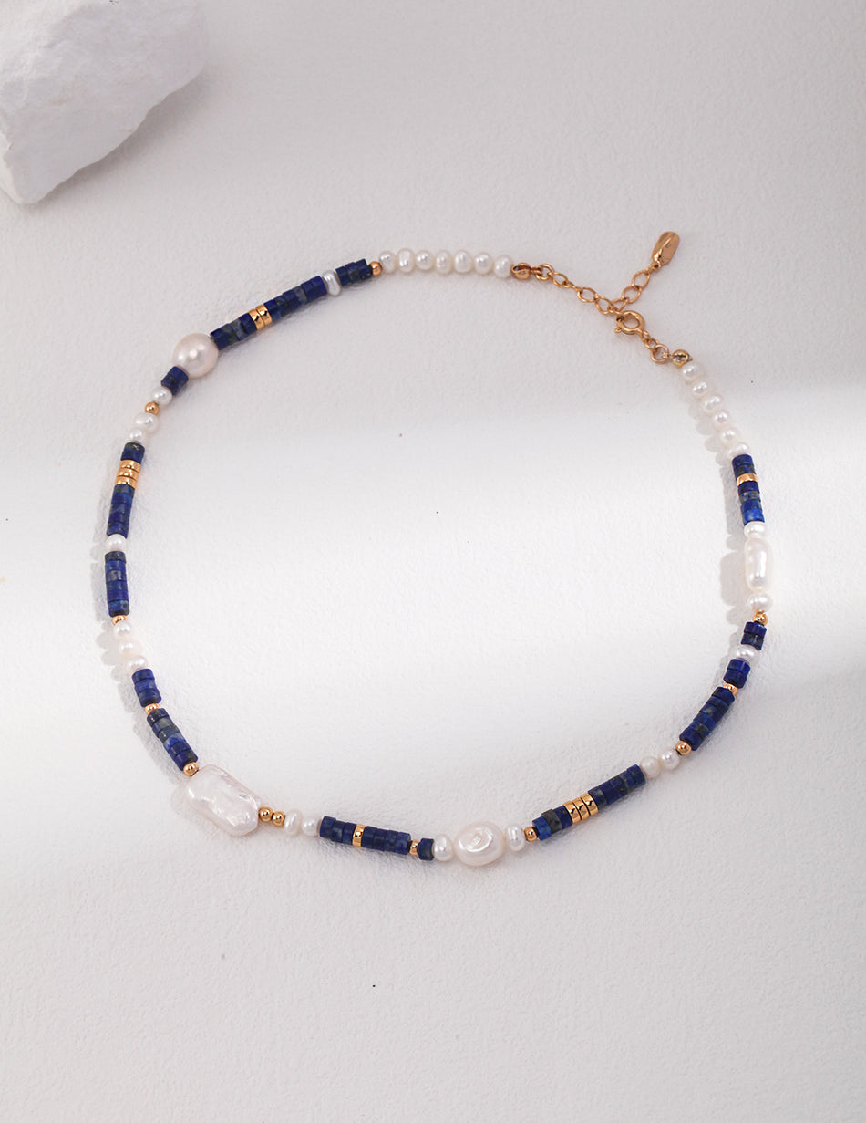 Lapis Lazuli & Pearl Handmade Necklace - 925 Silver