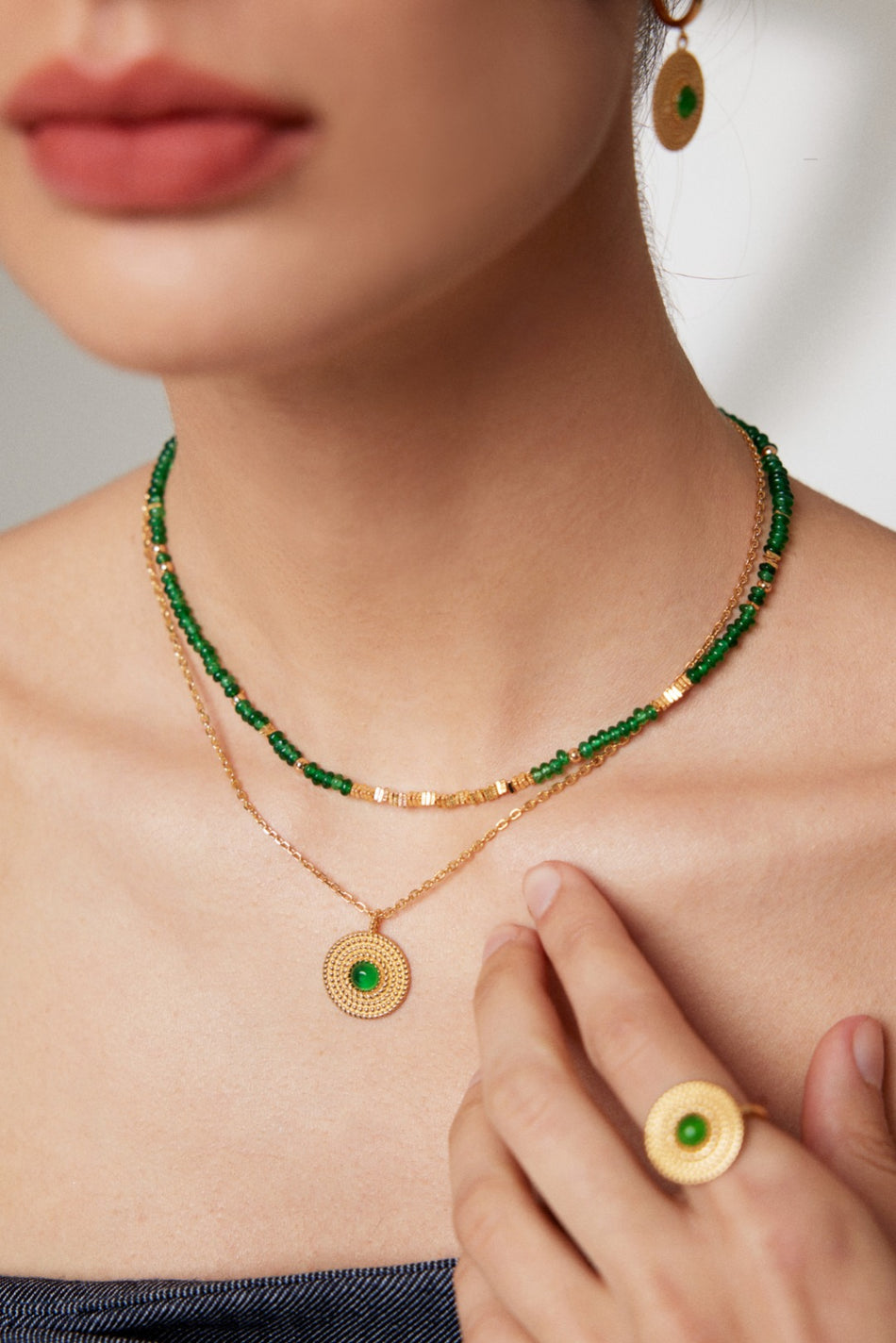 Green Stone & Gold Layered Necklace - 925 Silver (Long Chain Not Included)
