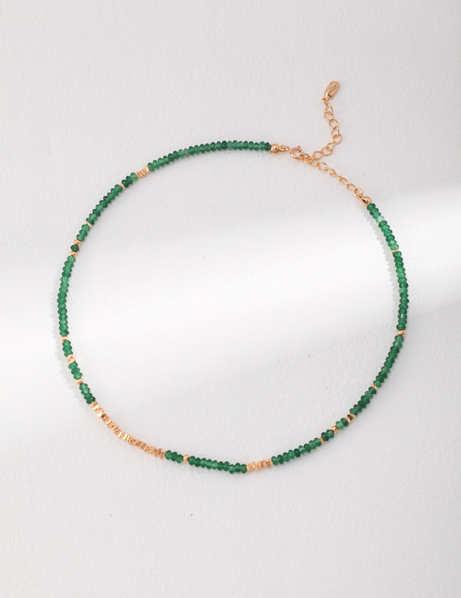 Green Stone & Gold Layered Necklace - 925 Silver (Long Chain Not Included)