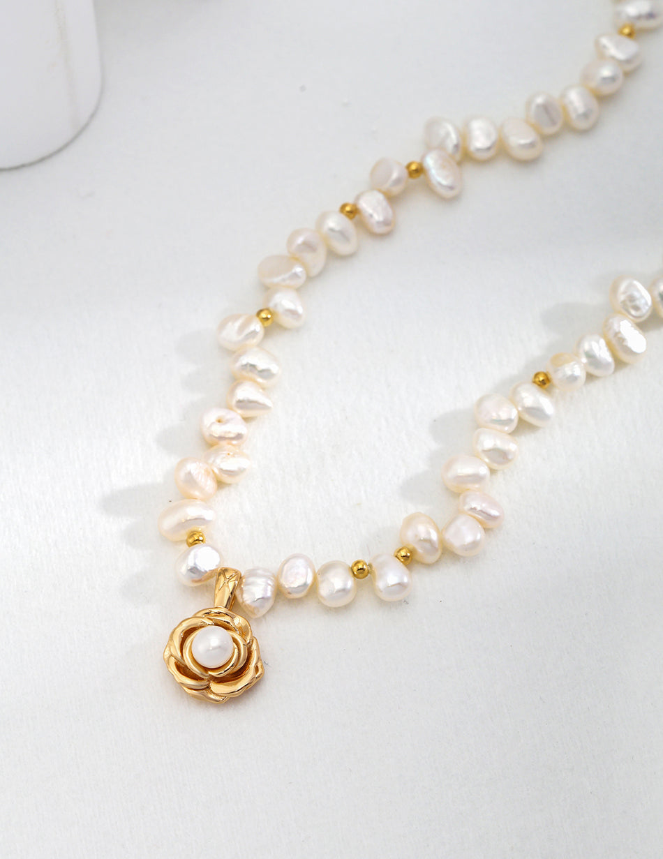 925 Sterling Silver Camellia Pearl Necklace