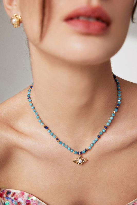 925 Sterling Silver Amazonite & Pearl Necklace(Short Chain Not Included)