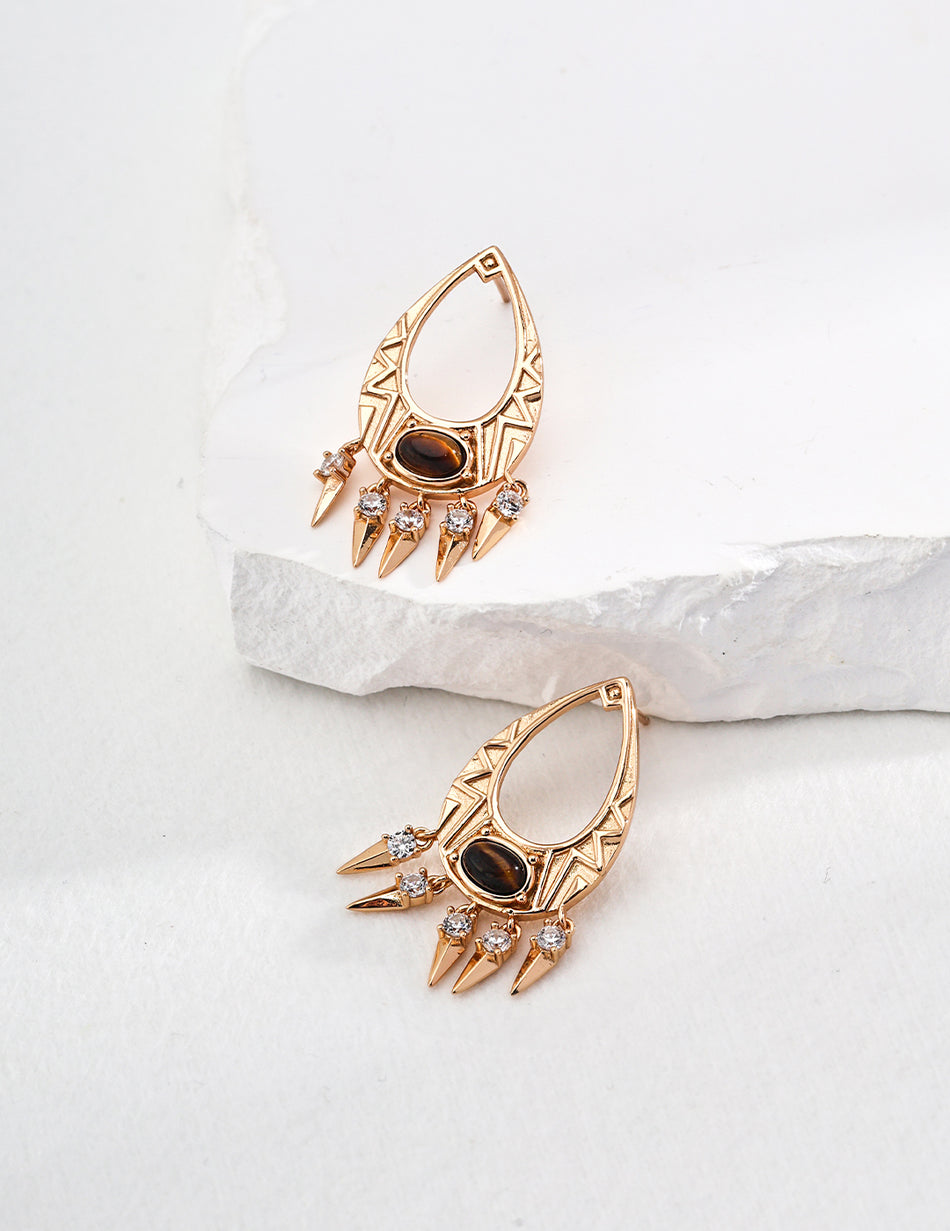 Sterling Silver Vintage Earrings | Black Agate & Tiger’s Eye | Bohemian Elegance