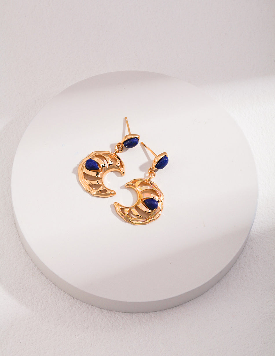 Sterling Silver Crescent Moon Hollow Earrings | Vintage Elegance | Lapis Lazuli Accents