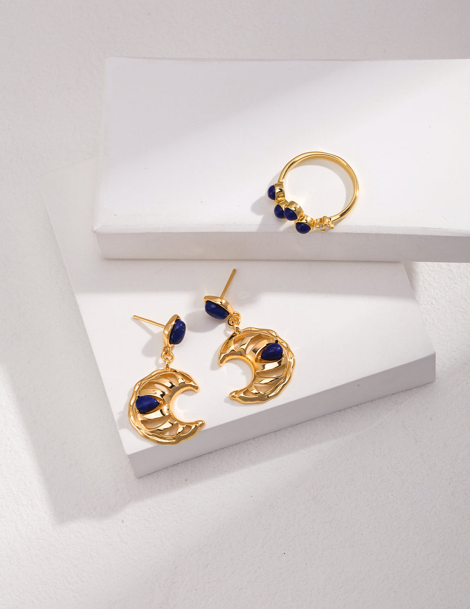 Sterling Silver Crescent Moon Hollow Earrings | Vintage Elegance | Lapis Lazuli Accents