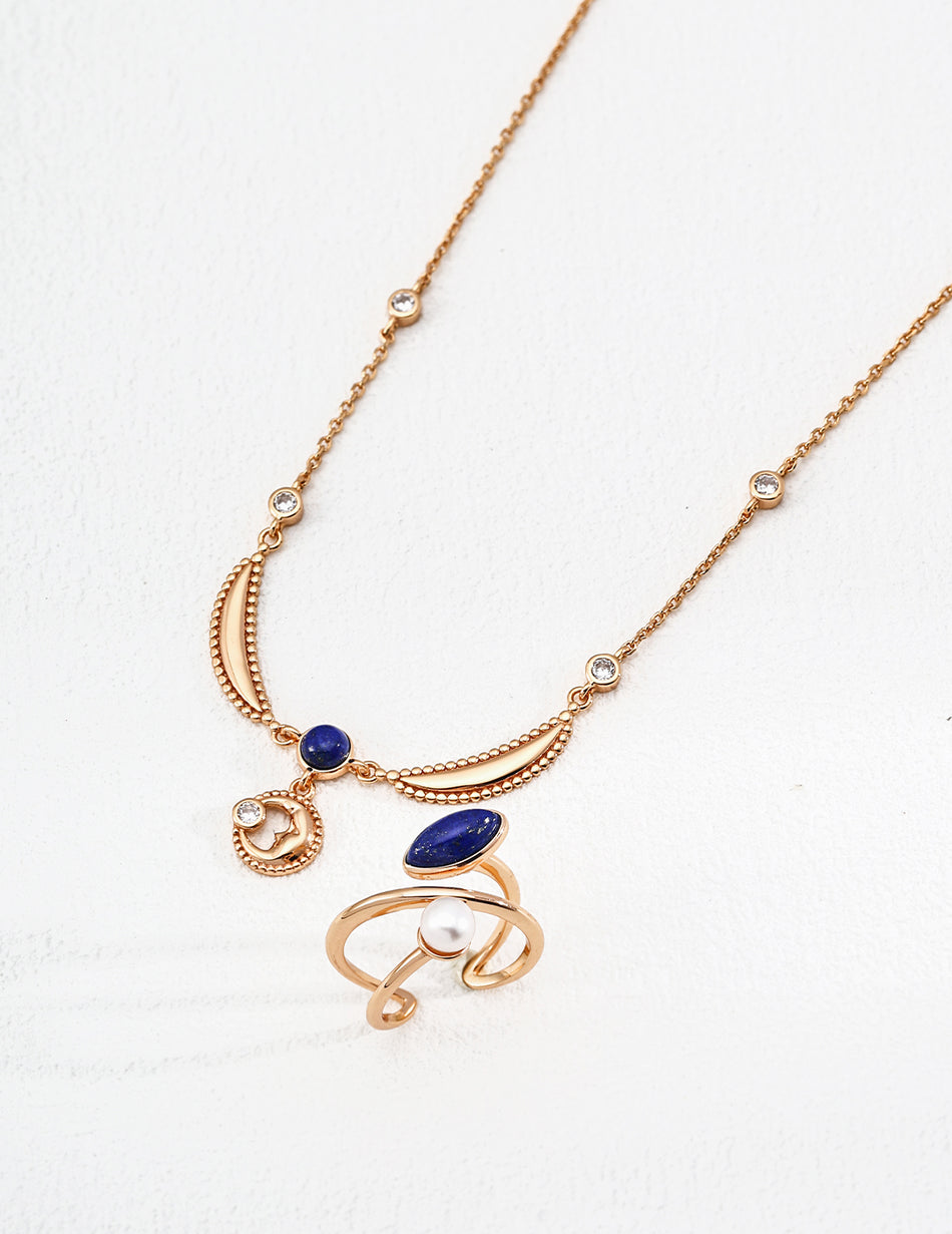 Elegant Vintage S925 Silver Lapis Lazuli & Zircon Necklace