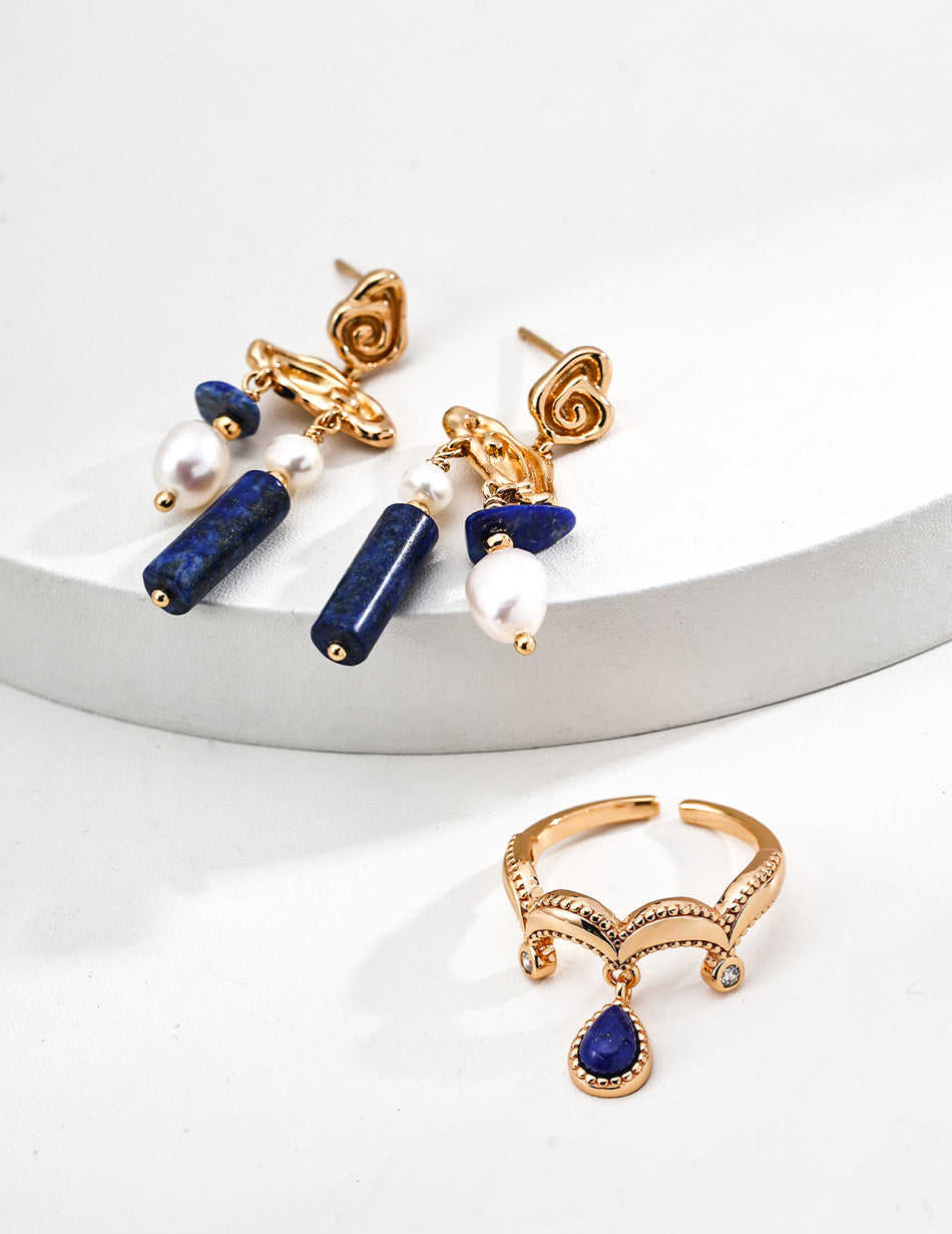 Timeless Elegance Abstract Lapis Lazuli & Pearl Earrings – S925 Sterling Silver