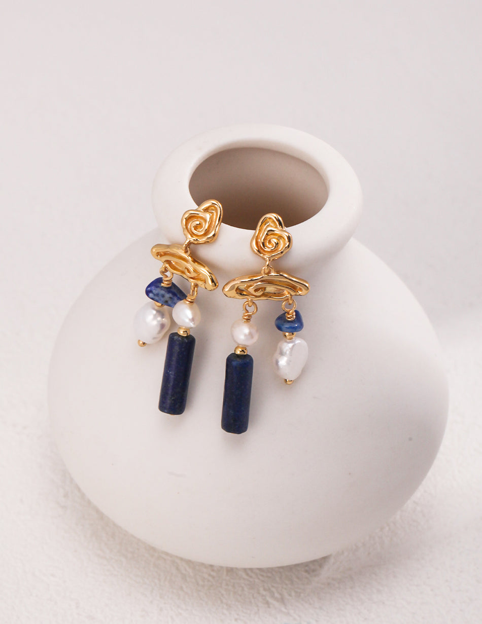 Timeless Elegance Abstract Lapis Lazuli & Pearl Earrings – S925 Sterling Silver