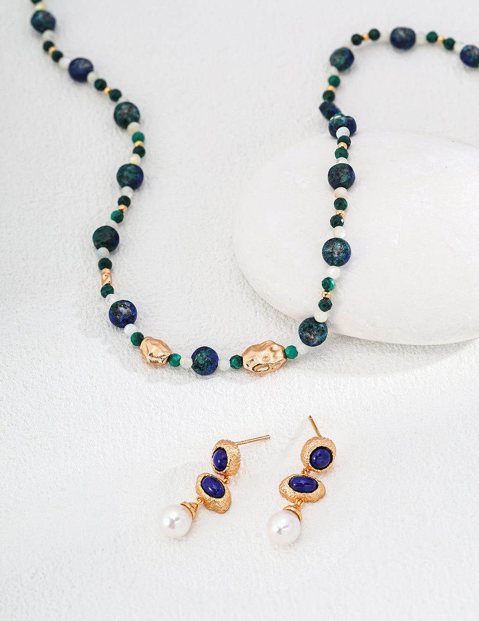 Vintage Elegance S925 Silver Peacock Stone, Lapis Lazuli & Mother of Pearl Necklace