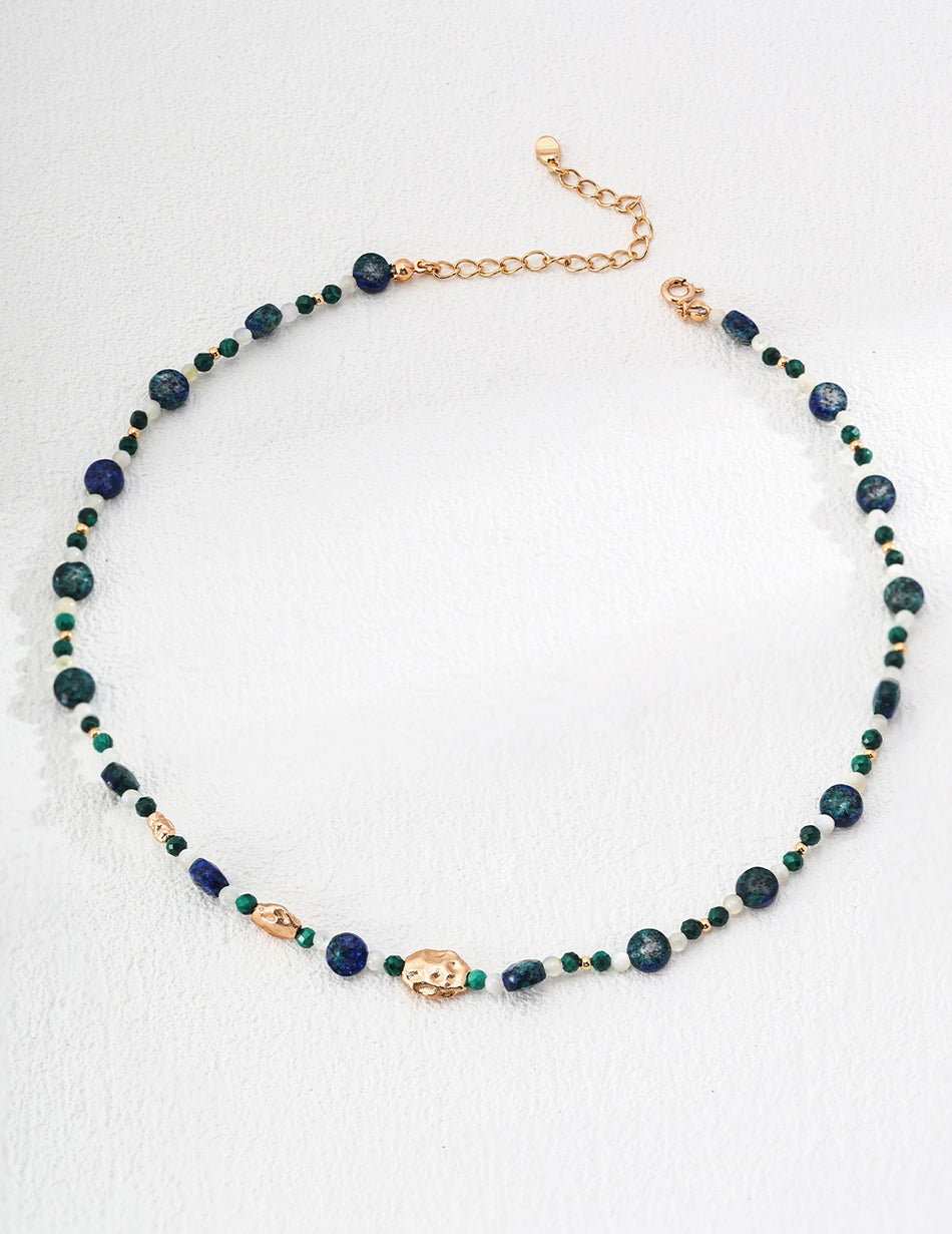 Vintage Elegance S925 Silver Peacock Stone, Lapis Lazuli & Mother of Pearl Necklace
