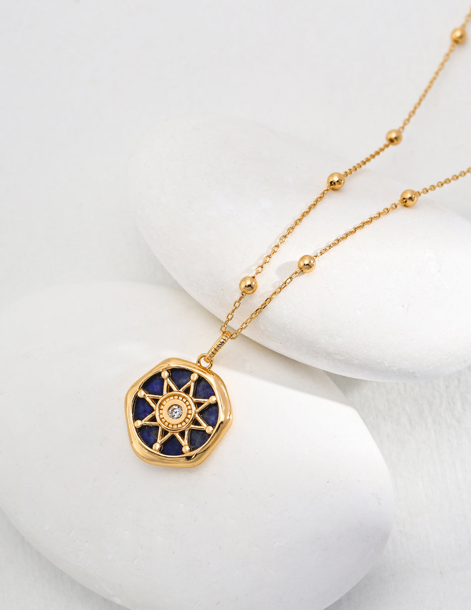 European Elegance S925 Silver Lapis Lazuli & Zircon Compass Pendant Necklace