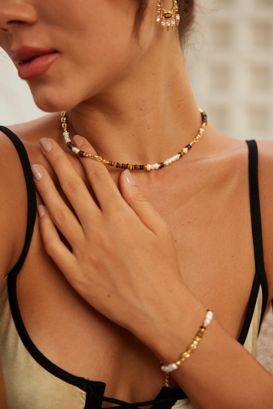 Vintage Gold-Tone 925 Silver Tiger’s Eye Pearl Necklace