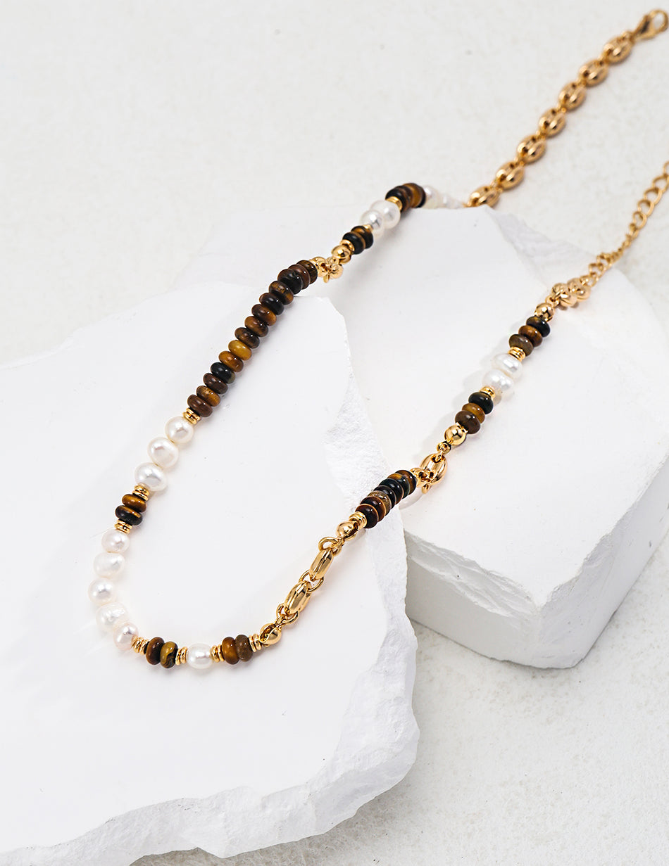 Vintage Gold-Tone 925 Silver Tiger’s Eye Pearl Necklace