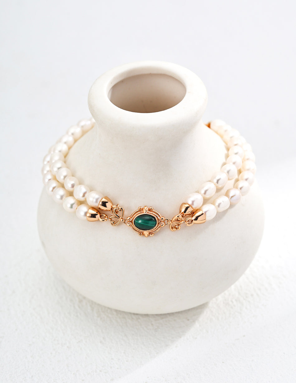 S925 Sterling Silver Natural Pearl & Malachite Bracelet