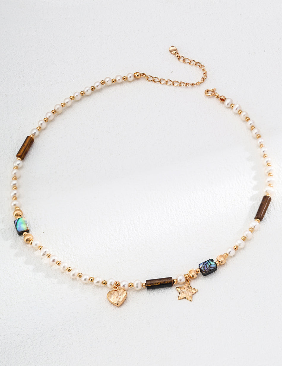 S925 Silver Natural Pearl & Tiger Eye Bead Star Pendant Necklace
