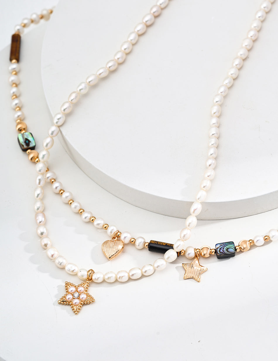 S925 Silver Natural Pearl & Tiger Eye Bead Star Pendant Necklace