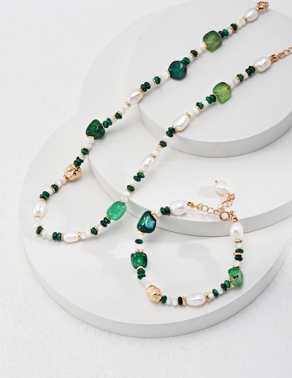 Exotic Elegance Pearl & Gemstone Jewelry Set | 925 Sterling Silver with Malachite & Mother of Pearl