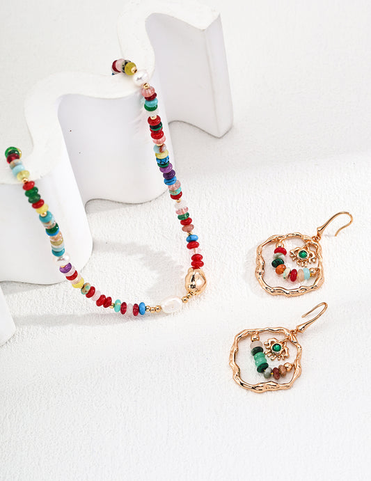 Bohemian Rainbow Gemstone Jewelry Set | 925 Sterling Silver with Natural Pearls & Multicolor Stones