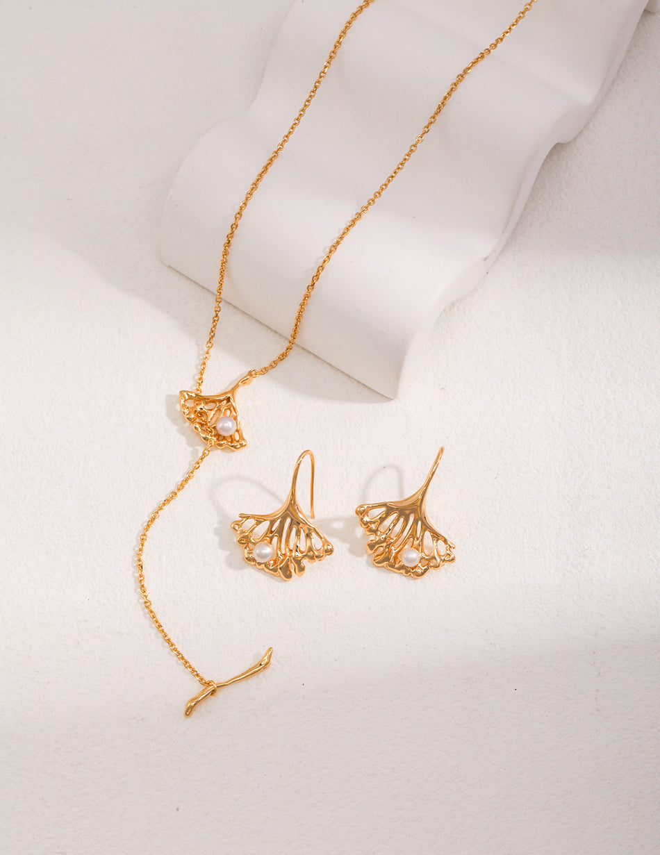 Ginkgo Leaf Pearl Jewelry Set | 925 Sterling Silver with Natural Pearls