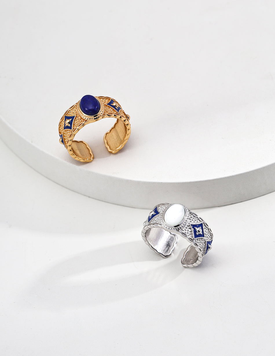 Vintage Blue Enamel Lapis Lazuli/Mother of Pearl Adjustable Ring