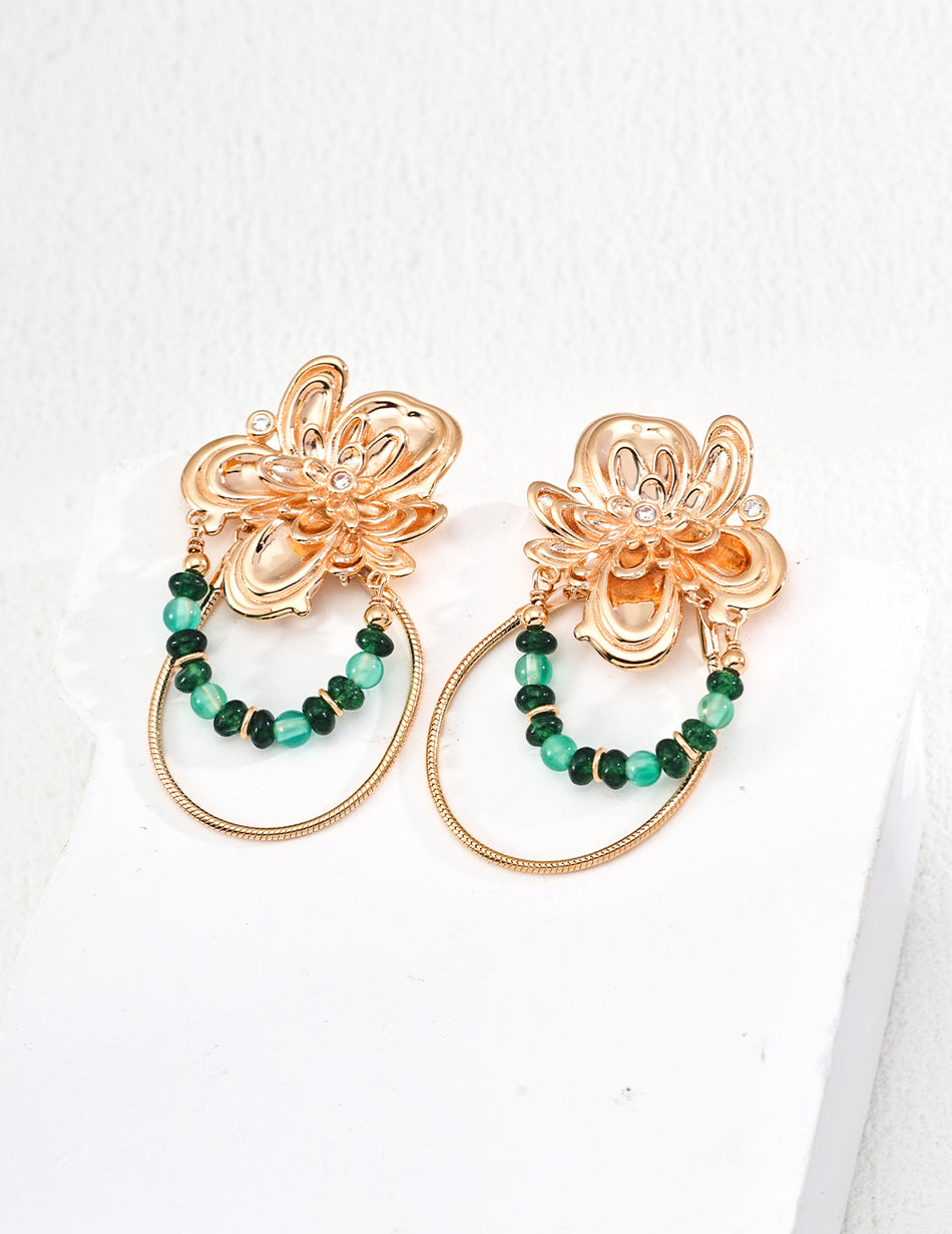 S925 Vintage Floral Green Gemstone Hoop Earrings