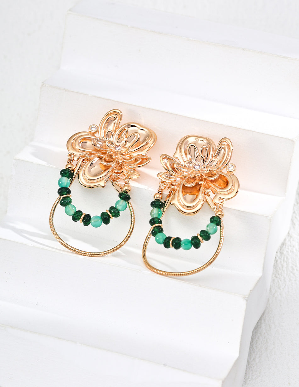 S925 Vintage Floral Green Gemstone Hoop Earrings