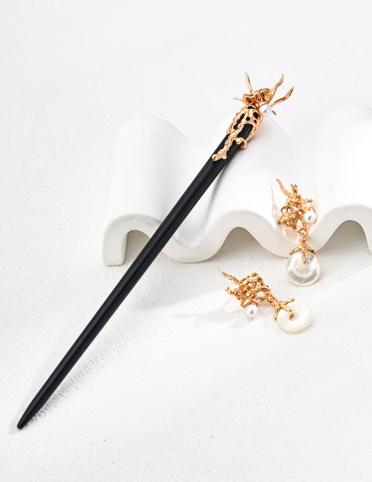 S925 Vintage Natural Pearl & Mother-of-Pearl Jewelry Set (Earrings & Hairpin)