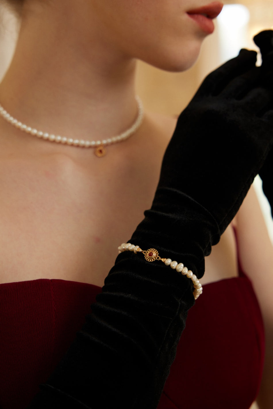 S925 Pearl & Agate Jewelry Set – Classic Red & Black Edition