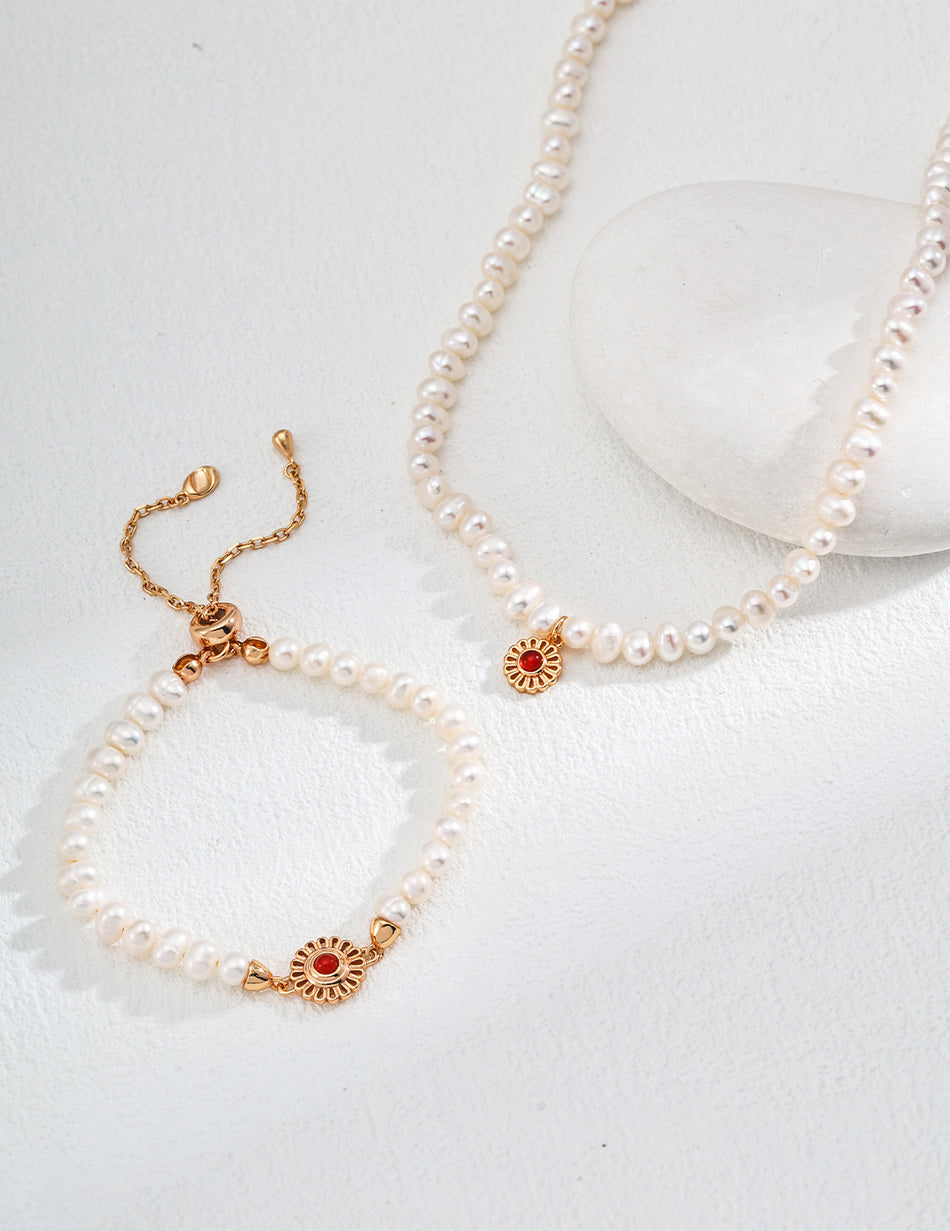 S925 Pearl & Agate Jewelry Set – Classic Red & Black Edition