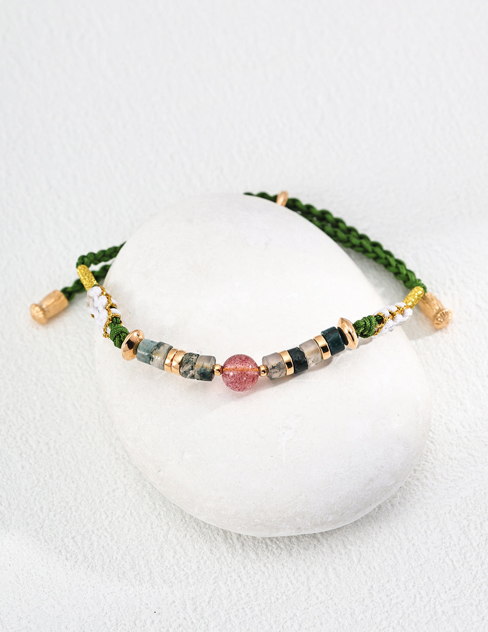 Strawberry Garden: S925 Crystal & Agate Braided Bracelet