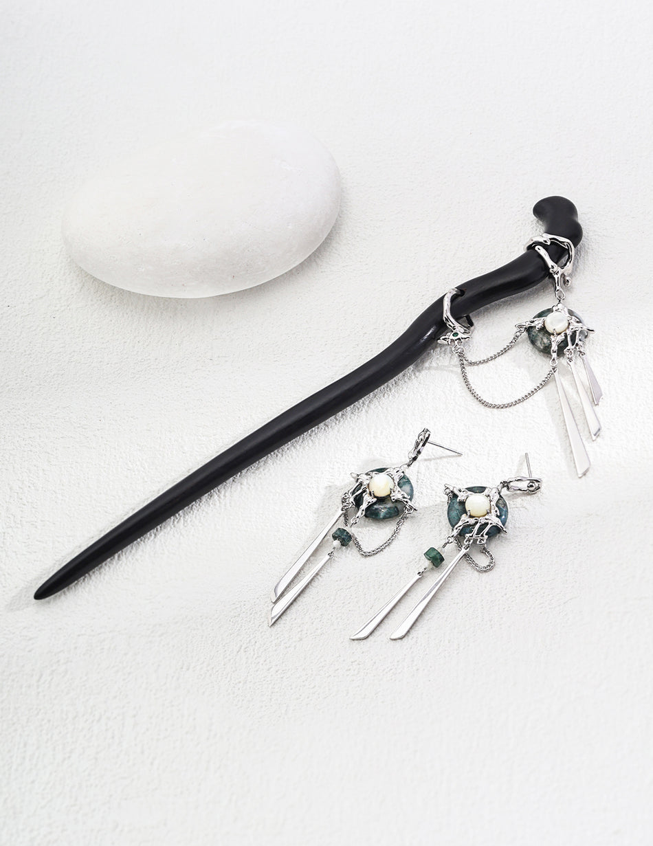 S925 Moss Agate & Pearl Hairpin + Earring Set