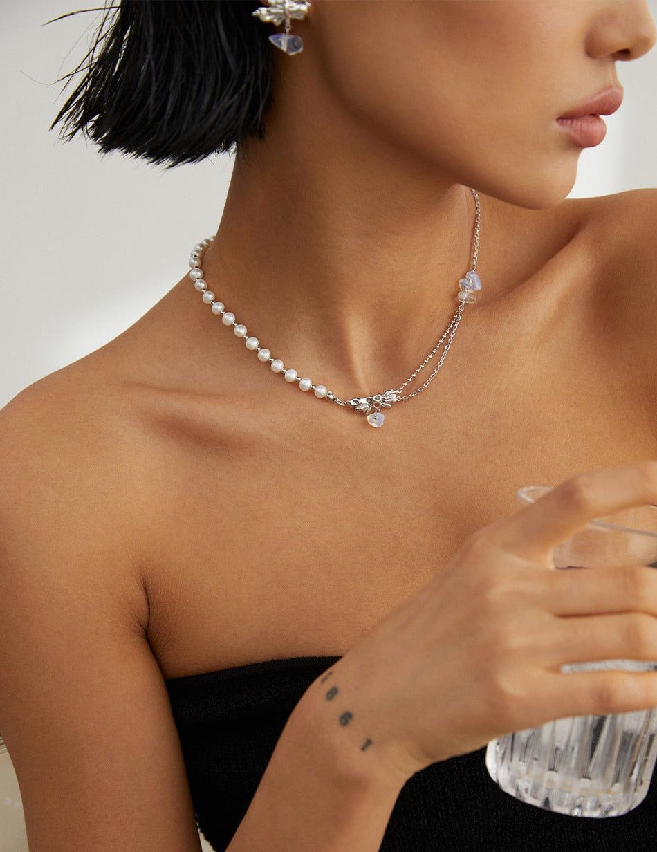 Fragmented Light: Irregular S925 Pearl & White Zircon l Opal Necklace