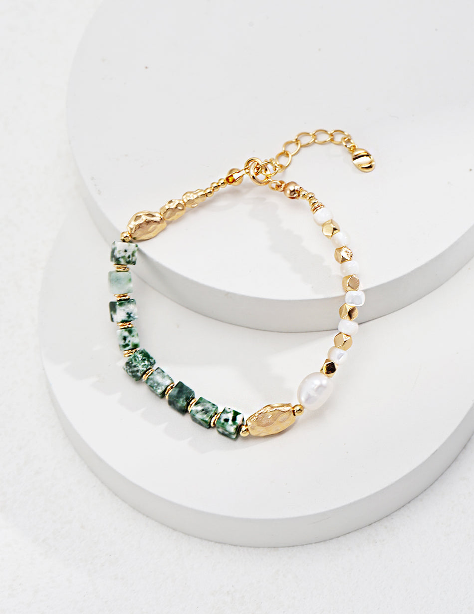 S925 Sterling Silver Bracelet with Moss Green Jasper & Natural Pearl – Elegant & Mystical